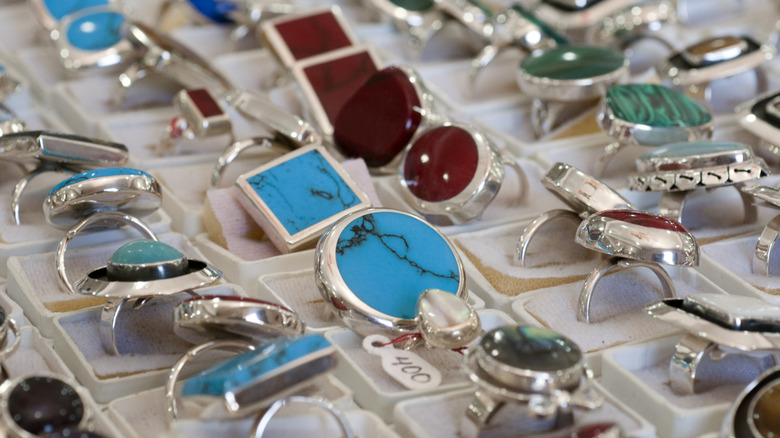 silver rings with turquoise and gems