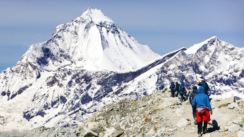 A group of Himalayan hikers walking along a trail, heading toward a snowy mountain peak in the backfround