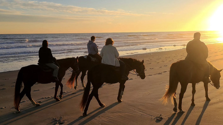 Group of horseback riders on Waties Island beach at sunset.