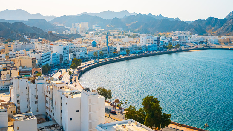 Coastal Muscat, Oman landscape with mountainous backdrop