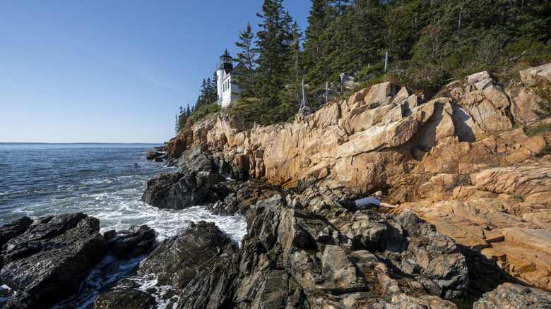 Iconic Acadia National Park Lighthouse on the coast of Mount Desert Island, Maine