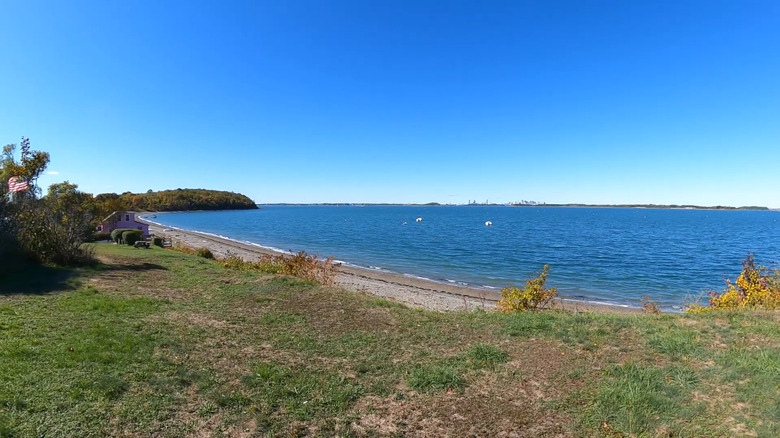 A view over a beach on Peddocks Island in the Boston Harbor