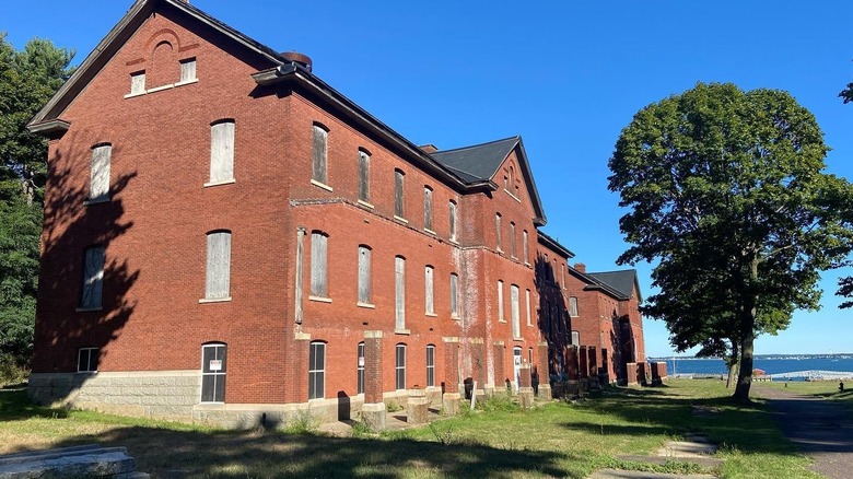 Abandoned brick barracks at Fort Andrews on Peddocks Island, Massachusetts