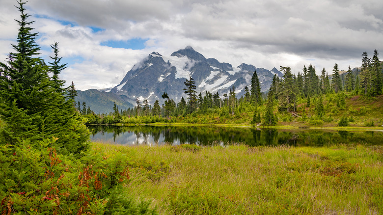 Snow-capped mountain beside alpine lake