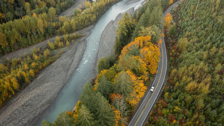 Scenic road runs beside river