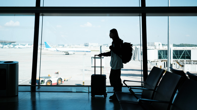 Solo passenger walking through an airport with views of the runway in the background