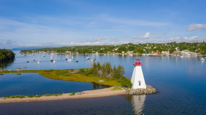 Aerial view of Kidston Lighthouse with Baddeck in backdrop