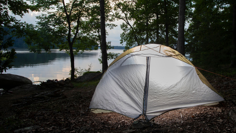 Tent set up along the shore of Badin Lake in North Carolina