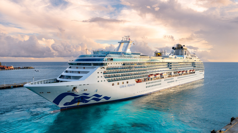 Side view of Coral Princess ship in Sint Maarten on a Caribbean cruise