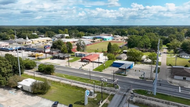 An aerial view of a highway in Baker, Louisiana on a sunny day