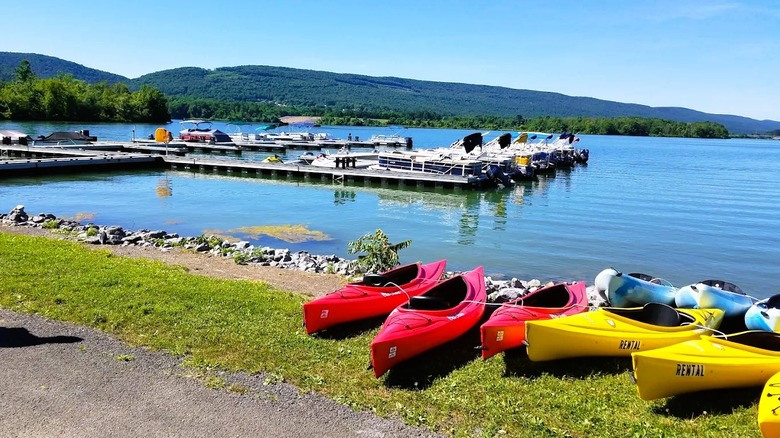 Views of a marina at Bald Eagle State Park in PA, featuring views of a shimmering lake with colorfu kayaks, and several docked boats.
