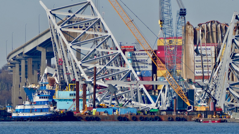 Baltimore, MD USA - 4-5-2024 - Salvage efforts continue at the Francis Scott Key Bridge