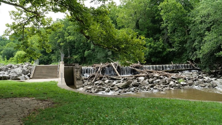 A local park in Woodland Maryland, featuring a manmade waterfall with a rocky creek bed in a heavily wooded area.