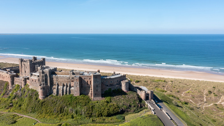 Aerial view of Bamburgh Castle and Bamburgh Beach