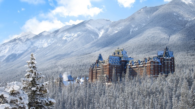 View of the Fairmont Banff Springs covered in snow