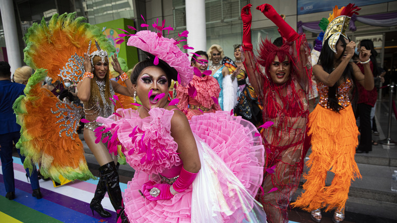 Thai drag performers from Stranger Bar dance during Pride Month in Bangkok