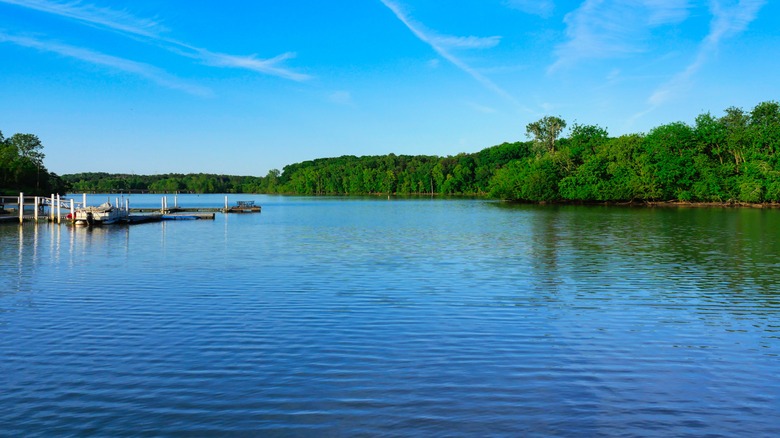 A boat and dock on Lake Gaston, North Carolina