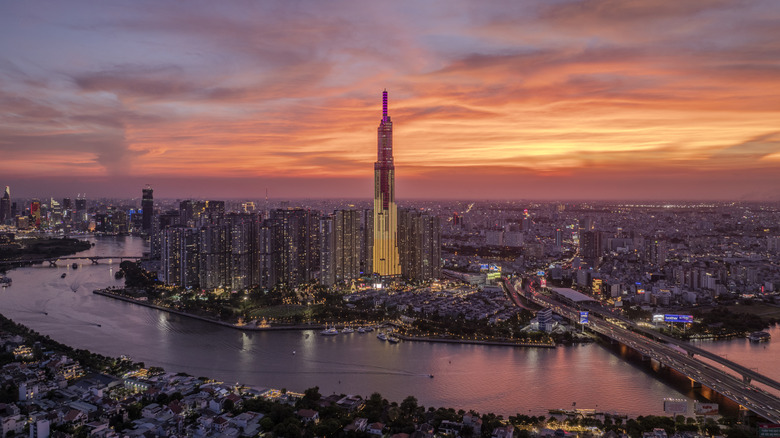 Ho Chi Minh City in Vietnam lit up at sunset