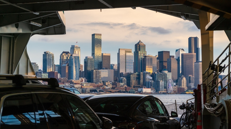 The Seattle skyline from inside a ferry
