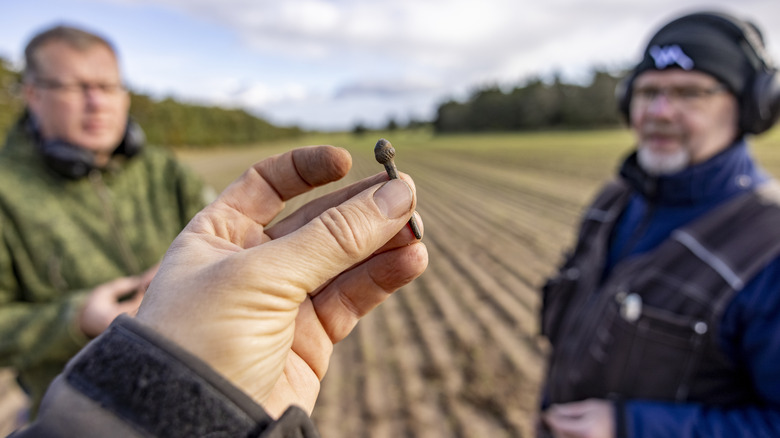Metal detectorists in a field with a finding