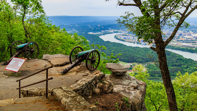 A view of Chattanooga from a historic military site with cannons on Lookout Mountain.