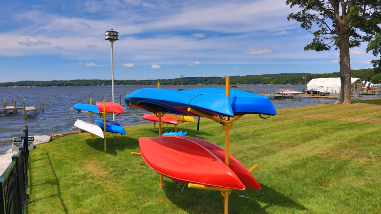 View of kayaks on the shore of Lake Chautauqua in Bemus Point, New York