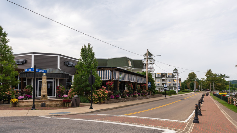 View of stores and buildings on Lakeside Drive in Bemus Point, New York