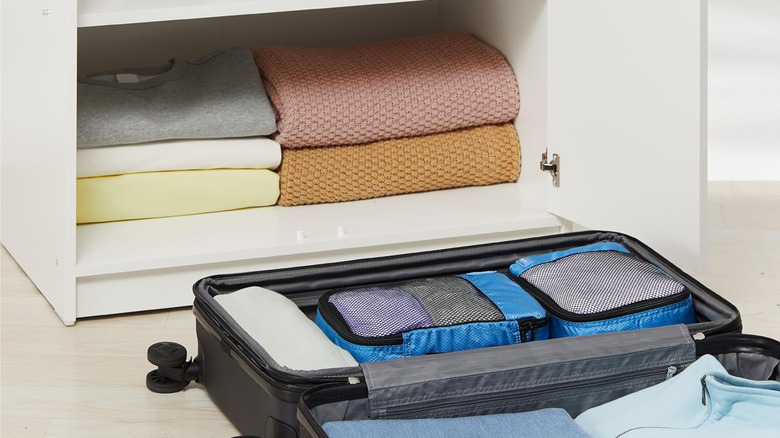 Amazon Basics packing cubes packed in a suitcase.