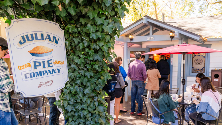 A long line outside the quaint cottage style building that houses the Julian Pie Company