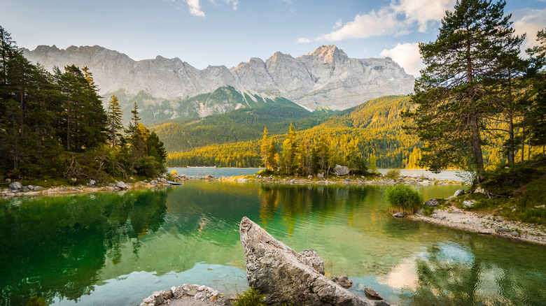 Eibsee at sunrise with Zugspitze in background