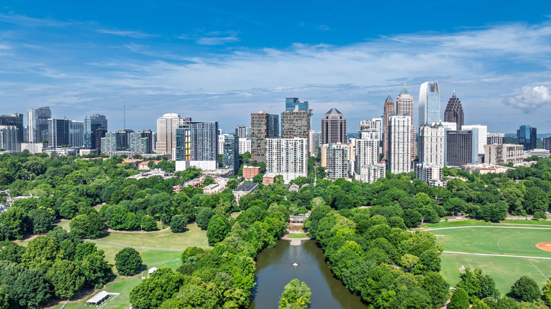 The Atlanta skyline taken from a drone above Piedmont Park