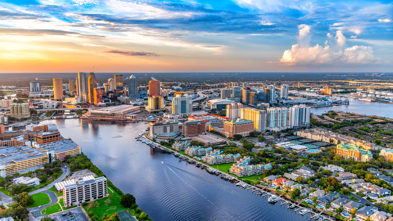 An aerial view of Tampa's downtown and river