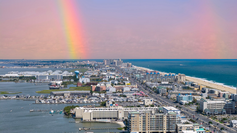 Aerial shot of hotels and condos along downtown Ocean City, Maryland