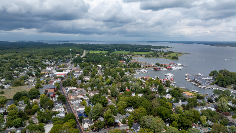 Aerial view of the St. Michaels Maryland skyline and the Chesapeake Bay