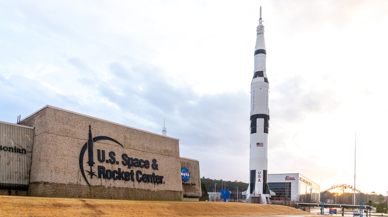 The exterior view of the U.S. Space and Rocket Center in Huntsville, Alabama, USA, a museum operated by the government of Alabama.