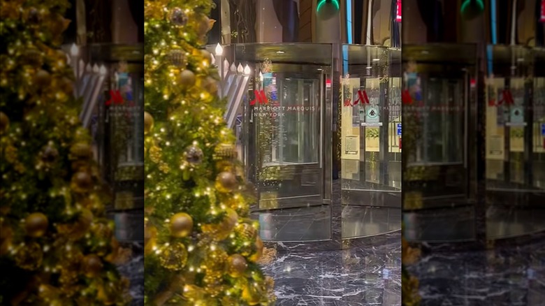 Exterior of New York Marriott Marquis during Christmastime