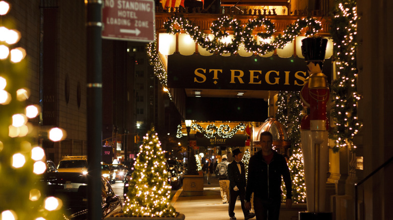 Exterior of St. Regis New York decorated for Christmas