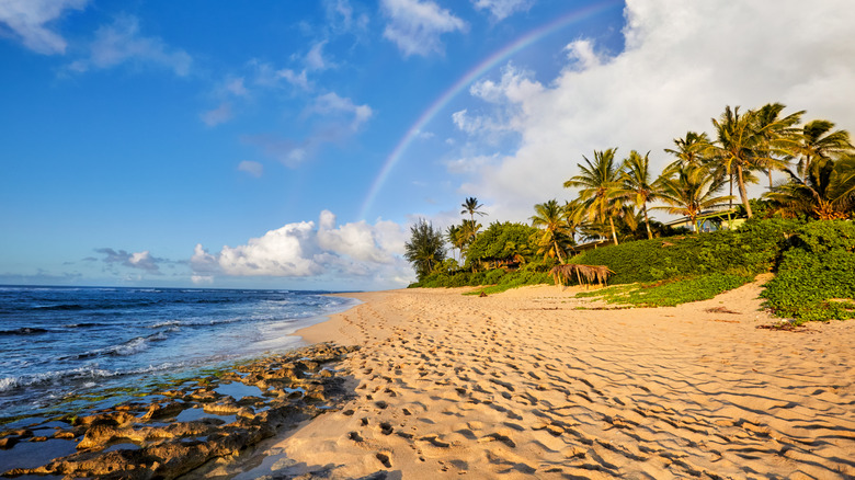 Sunset Beach on the North Shore of Oahu, Hawaii, with a blue sky and rainbow
