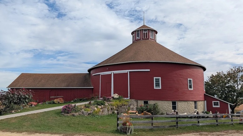View of the round barn at Schuster's Farm in Deerfield, Wisconsin