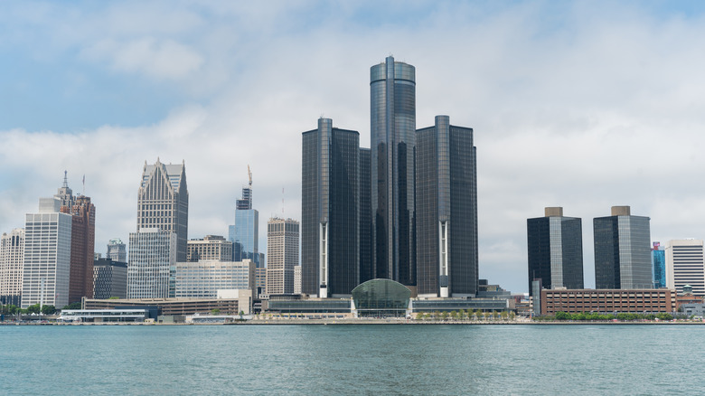 A view of skyscrapers on the waterfront in Deteroit.