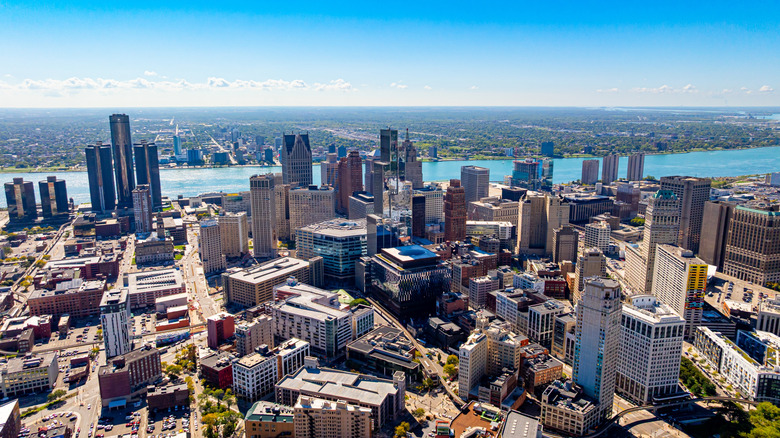 An aerial view of downtown Detroit