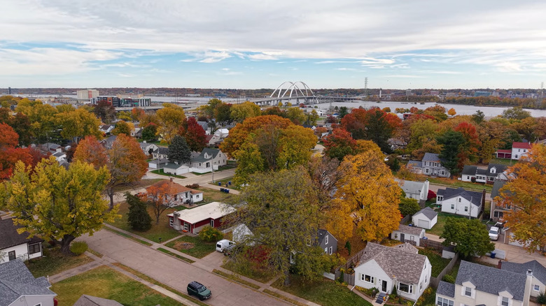 An aerial view of Bettendorf in Iowa with the Mississippi River in the background