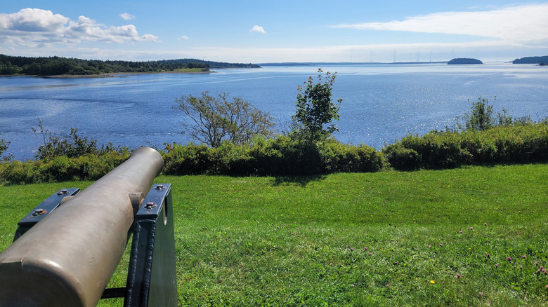 A cannon overlooking the Machias River in Machias State Park in Machiasport, Maine
