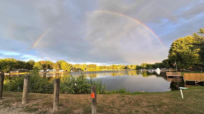 A rainbow hangs over the lake at Fireside Lake Campground.