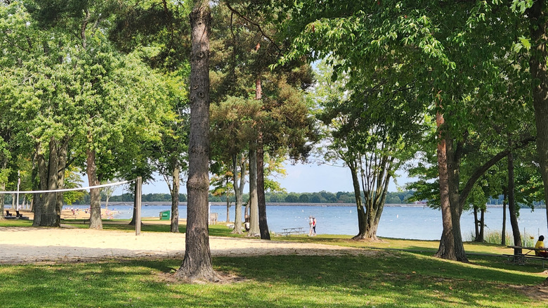 Beach volleyball pitches between the trees at Lake Milton State Park, Ohio
