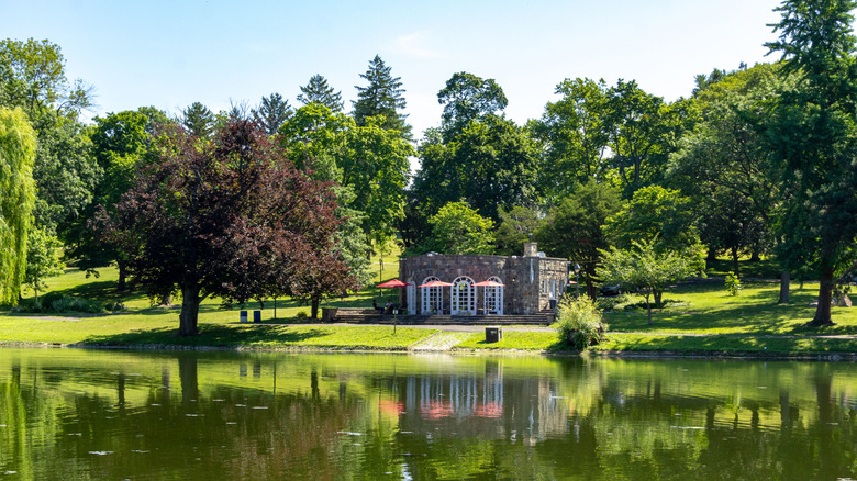 Landscape view of Downing Park's pond known as The Polly and the Shelter House reflecting in it