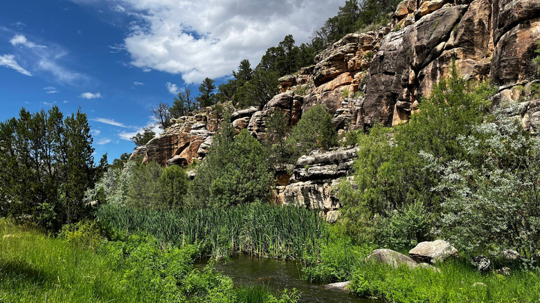 View of Bluewater Creek, rocks, a blue sky, and verdant creekside banks along Bluewater Creek Hike in Bluewater Lake State Park, New Mexico