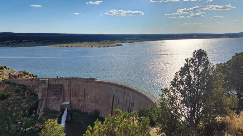 View of the lake and dam from the lookout along the Bluewater Dam Trail at Bluewater Lake State Park, New Mexico