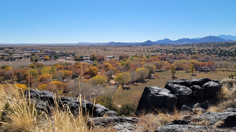 View of desert plain and distant mountains from the La Cieneguilla Petroglyph Site in New Mexico