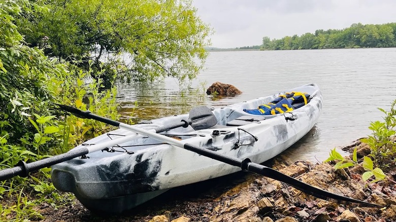 A kayak with paddles sitting on the shore of Spruce Run Reservoir in New Jersey, surrounded by greenery.